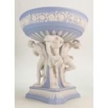 Wedgwood light blue Jasperware figural centrepiece: Three male figures supporting the bowl,