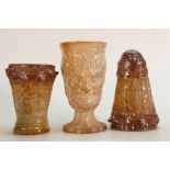 A collection of 3 Salt glazed Stoneware Cups: Including Bacchanalian mug together with Mr Punch