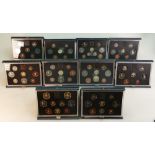 10 x UK proof coin collection sets: Dated 1983 - 1992 complete with cases and certificates.