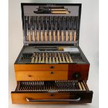 Art Deco Walnut and Maple three drawer Cutlery set: Containing 161 pieces of Elkington & Co plated