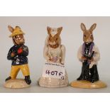 Royal Doulton Bunnykins figures: Vicar DB254, Bride DB101 and Fireman DB75.