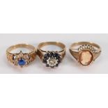 Three 9ct gold ladies rings :set with semi precious stones, 9.2 grams.