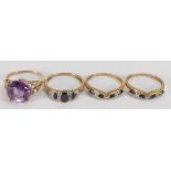 Four 9ct gold ladies dress rings: set with semi precious stones from QVC,size S, 9.6 grams.