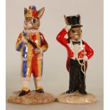 Royal Doulton Bunnykins figures: Mr Punch DB234 and Ringmaster DB165, both limited editions.