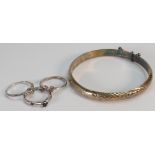 Hallmarked silver bangle & 3 gem set silver rings: Gross weight 13.