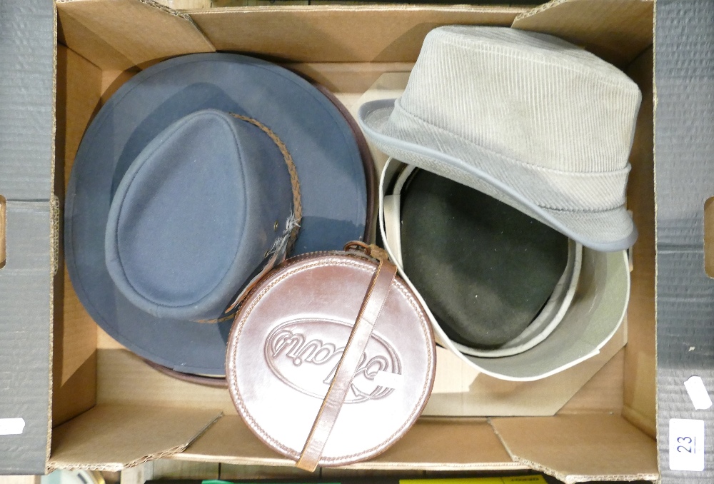 A collection of felt and similar hats: together with leather collars box and contents