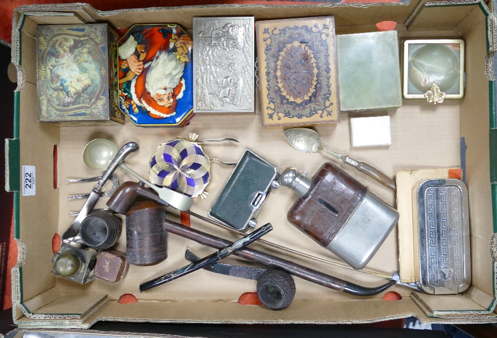 A mixed collection of items to include: continental vintage pipes, ink wells, hip flasks,