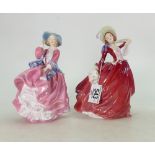 Two Royal Doulton ladies Top o'the Hill HN1849 and Autumn Breezes 1934