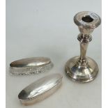 Silver oval trinket box and similar glass & silver topped jar: Fully hallmarked. Weight 94.