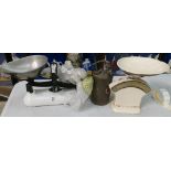 A mixed collection of items to include white Avery shop scales: similar item and brass burner (3)