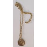9ct gold necklace with round pendant: 6.3 grams.