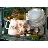 A mixed collection of items to include: Brass candlesticks, advertising water jugs, brass pan etc.