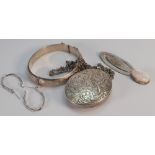 Group of silver jewellery: Includes large oval silver locket & chain, hollow bangle,