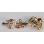 9ct gold ornate brooches: one set with pearls and the other set with a diamonds, 5 grams.