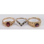 Three 9ct gold ladies rings :set with semi precious stones, 8.9 grams.