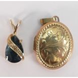 9ct gold locket & pendant: Hallmarked locket and gold coloured metal with blue stone pendant,