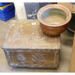 Brass Slipper Box: Mounted on wheels, together with copper spittoon.