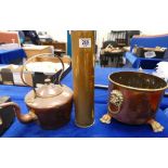 A mixed collection of metal ware to include: copper kettle, footed planter,