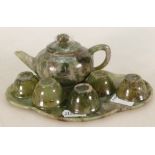 Chinese serpentine Saki set: Tray 17cm wide, Saki pot & 6 cups.