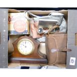 A mixed collection of items to include: Oak Mantle Clock, Binoculars,