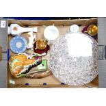 A mixed collection of items to include: large Glass Cake Stand, Damaged Burleigh Jug,