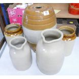 A collection of salt glazed pottery items to include: jugs, barrels jars,