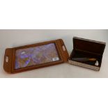 Small Inlaid Micro Mosaic Box and contents: together with decorative tray with butter fly wing