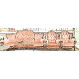 Modern French Mahogany Rococo Style Settee Suite: four seater and two matching arm chairs in pink