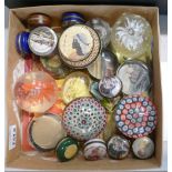 A small collection of Glass paperweights and trinket boxes: