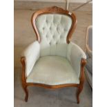 French Light Oak Upholstered Distressed Arm Chair: