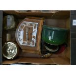 A mixed collection of items to include: large Art Deco mantle clock, shielded oak biscuit barrel,