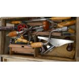 A collection of vintage Woodworking hand tools to include: boxed Record plane, chisels,