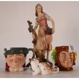 A mixed collection of Royal Doulton items to include: small character jugs Jester and Tony Weller,
