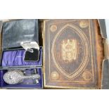 A mixed collection of items to include: Silver Brush Set, early bible, gentleman's travel kit,