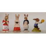 Royal Doulton Bunnykins figures: Judge DB128, Choir Singer DB223, Nurse DB74 and seconds Harry DB73.