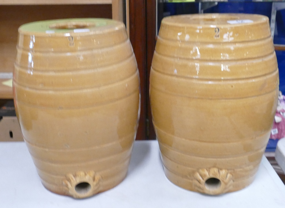 Two salt glazed pottery barrels: Height of tallest 31cm (2)