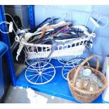 Ornamental Dolls wicker pram: together with small wicker basket(2)