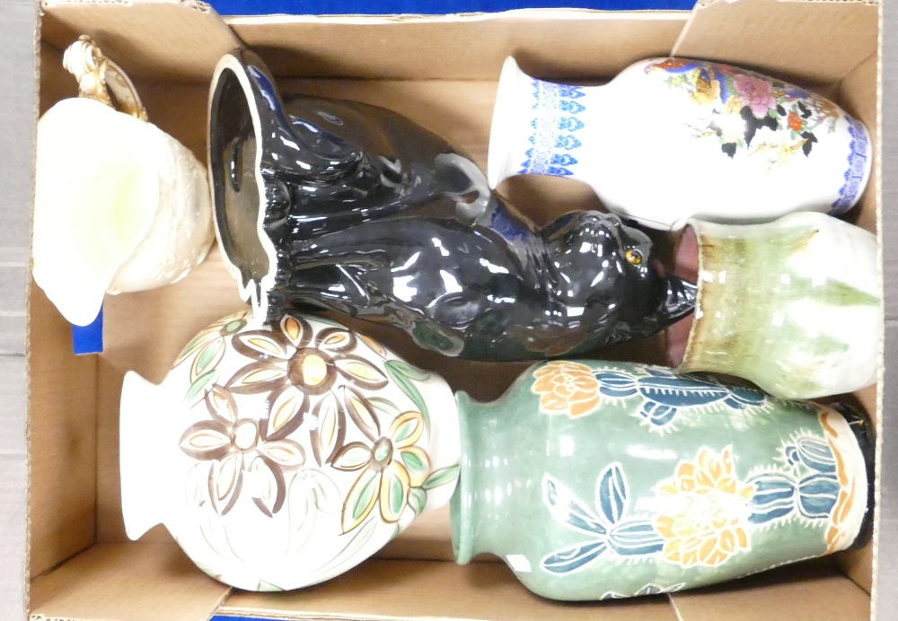 A mixed collection of item to include: large black Fireside cat, continental vases,