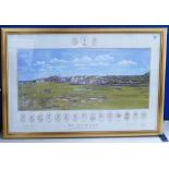 A large framed print of St Andrews golf course: signed by Bill waugh