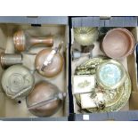 A mixed collection of items to include: copper and brass kettles, vases, plaques,