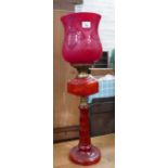 Large Coloured Glass and Brass Oil Lamp: height with shade 78cm