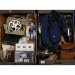 A collection of camera equipment to include: Sony Video 8 handycam, Carena zoomex cine camera,