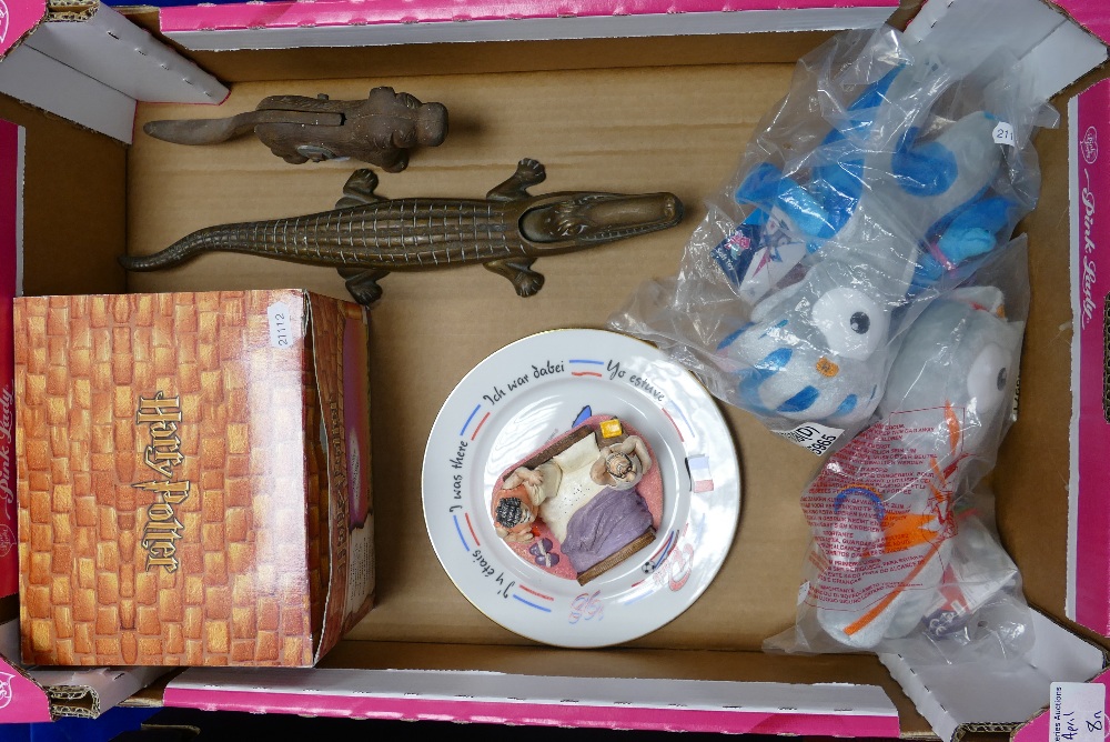 A mixed collection of items to include : Olympic Soft Toys and Plates, Boxed Harry Potter figure,