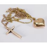 9ct gold neclaces: 9ct gold necklace with crucifix and 9ct gold necklace with heart shaped pendant,