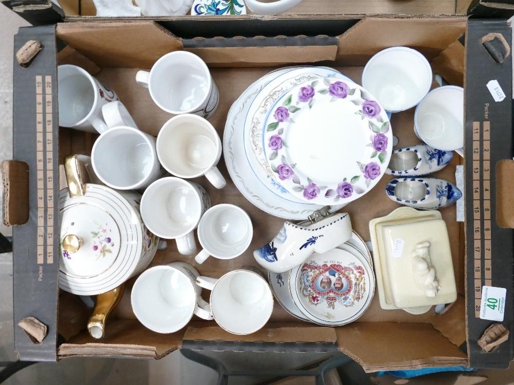 A mixed collection of items: to include Commemorative mugs, lurpac butter dish, Delph clog