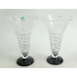 A pair of crystal vases: on a black glass base. Boxed (2)