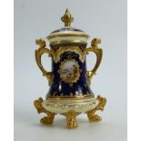 Coalport gilded and hand painted two handled Urn & cover: Decorated with a loch scene, height