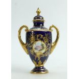 Coalport gilded and hand painted two handled Vase & cover: Decorated with a Loch scene, height