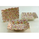 James Kent Chintz Du Barry Fenton Pottery items to include: Three rectangular ruffled dishes in