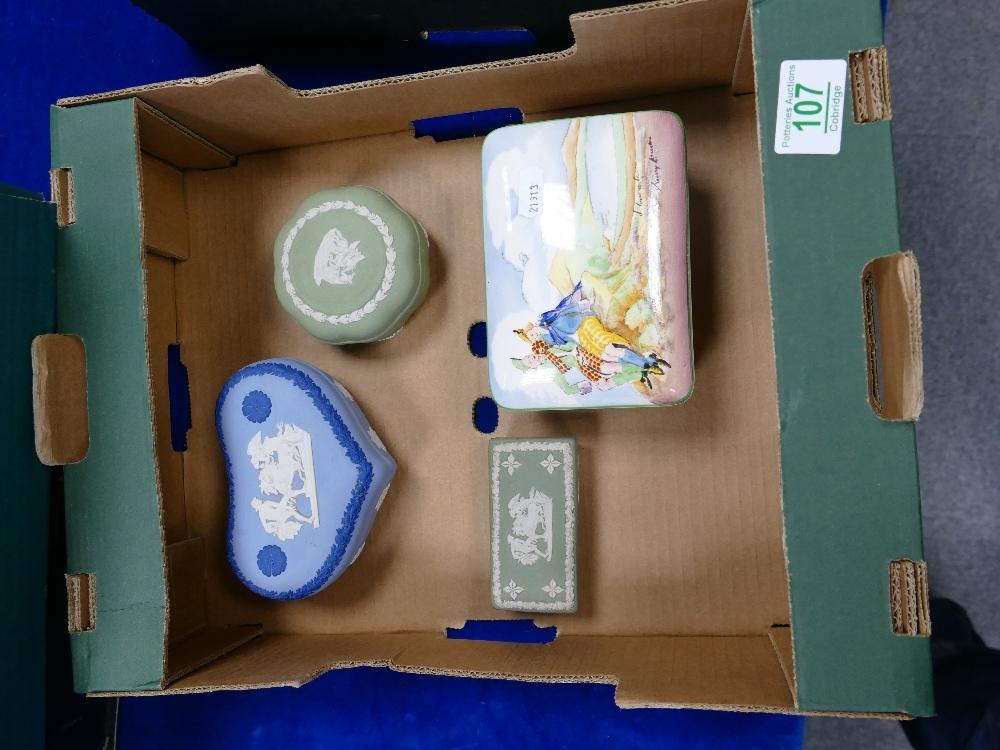 Wedgwood Japserware items to include: Tri colour lidded box, trinket boxes and Crown Devon Musical